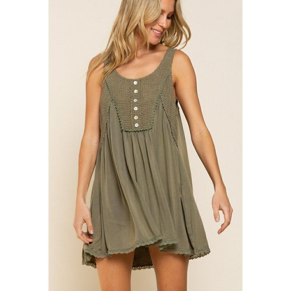 POL CLOTHING Olive Green Flowy Baby Doll Knit Tank Top Cover Up NEW YKD504